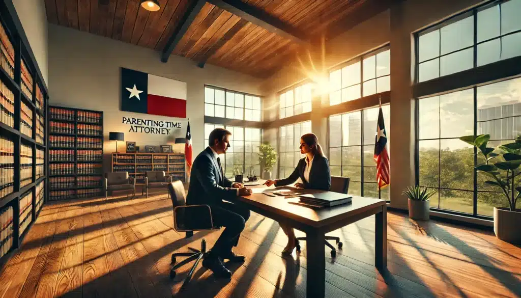 A wide-angle, photo-realistic, cinematic image of a parenting time attorney in Sugarland, Texas, consulting with a client. The scene captures summer vibes with warm sunlight streaming through large office windows, and the atmosphere is professional yet approachable. The attorney sits at a polished wooden desk, discussing documents with a client in a modern and inviting law office. The background shows Texas-themed decor, including a small Texas state flag and artwork reflecting the Sugarland area. The image conveys trust, professionalism, and collaboration.