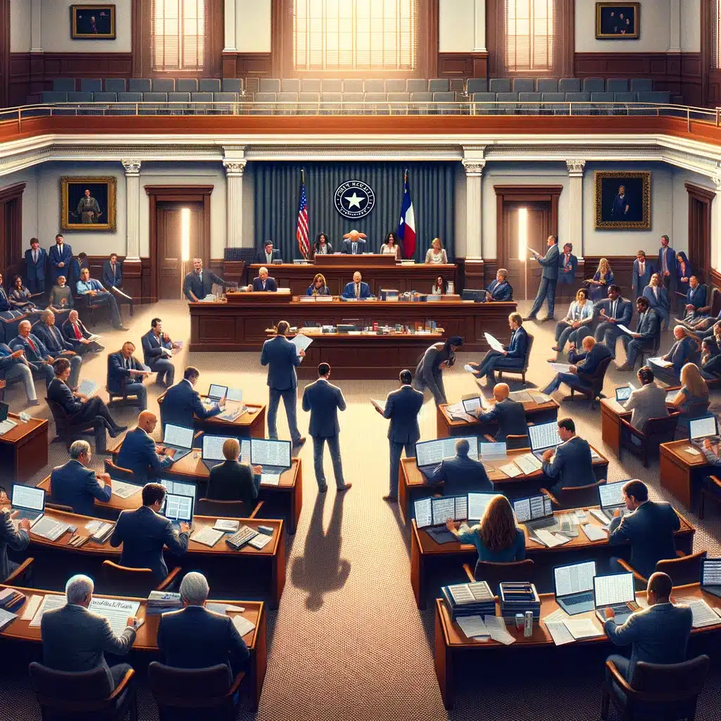 Courtroom scene depicting a legal proceeding in Texas, with attorneys and jurors engaged in discussions, emphasizing the judicial process related to the Texas State Fair shooting case.