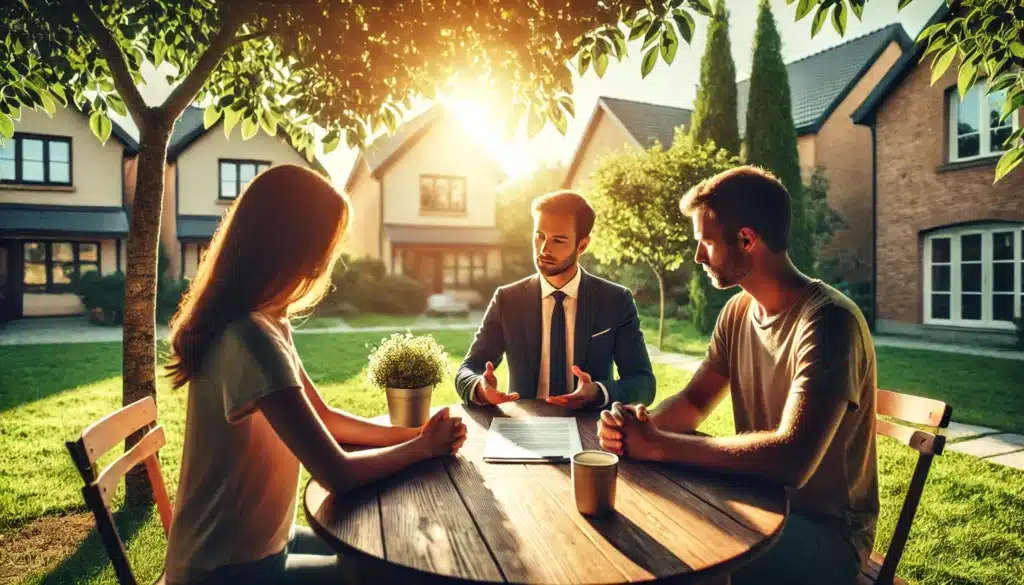 A wide-angle, photo-realistic, cinematic image with summer vibes. A family sits at a wooden table outdoors, engaged in a discussion with a legal advisor about child support modifications. The advisor, dressed professionally, gestures towards a document while the parents listen attentively. Warm sunlight filters through green trees, creating a balanced atmosphere of seriousness and hope. The background features a suburban neighborhood, symbolizing stability and responsibility.