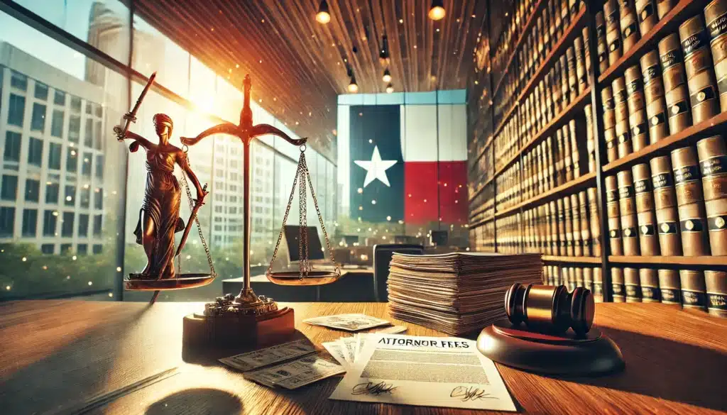 A wide-angle, photo-realistic, cinematic image with summer vibes representing legal fees in Texas divorce cases. The image should feature a symbolic scene: a scale of justice in the foreground, with stacks of legal documents and attorney fees receipts next to it. In the background, a modern Texas courtroom with sunlight streaming through large windows, creating a bright summer atmosphere. The scene should reflect the complexities of divorce cases and legal fees, capturing both the seriousness and the setting's warm, inviting feel.