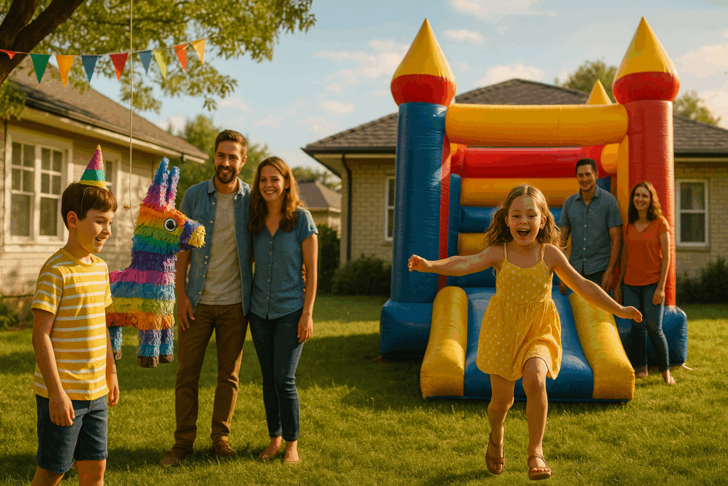 Two co-parented birthday parties in one backyard—one with a piñata, the other with a bounce house—capturing the complexity of shared parenting after separation.