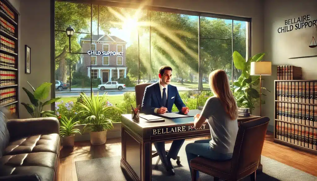 A wide-angle, photo-realistic, cinematic summer scene showing a Bellaire child support lawyer offering a free consultation to a client in a welcoming office setting. The lawyer is seated at a polished desk with legal documents and a notepad, speaking kindly to a client who looks relieved and hopeful. The office has large windows with sunlight streaming in, showcasing lush greenery and a vibrant Bellaire neighborhood outside. The scene conveys professionalism, trust, and a sense of summer warmth and approachability.