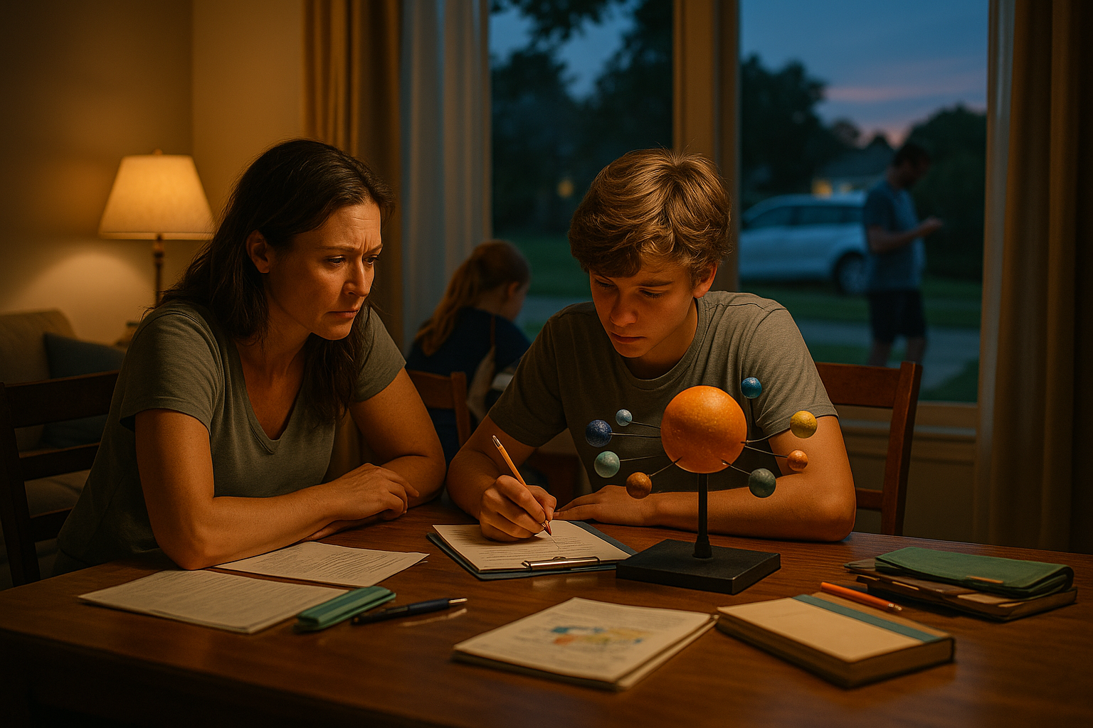 Mother and son working on a science project at night, with school supplies spread across the table and a father and daughter in the background