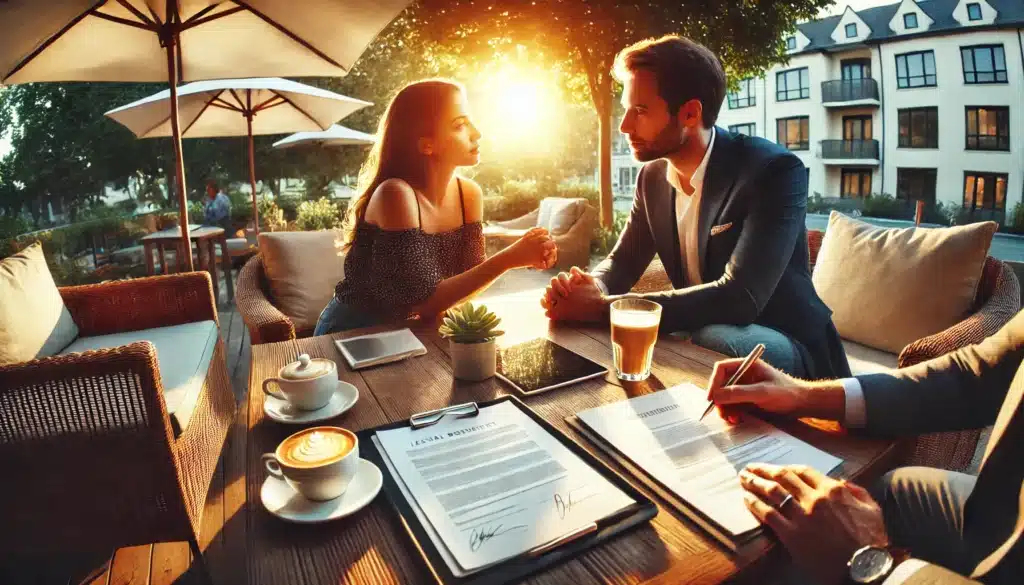 A wide-angle, photo-realistic, cinematic image with summer vibes. A couple sits at a modern outdoor patio table, reviewing legal documents together with a lawyer. The setting is warm and inviting, with sunlight filtering through trees. A laptop, coffee cups, and neatly stacked paperwork are on the table, symbolizing a discussion about cohabitation agreements. The couple appears engaged and thoughtful, ensuring their future security.