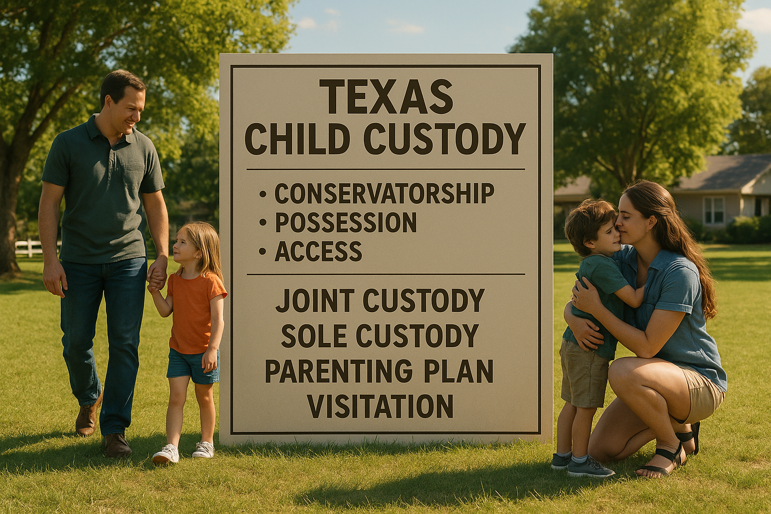 An illustration representing various child custody terminology in Texas, including types of custody agreements.