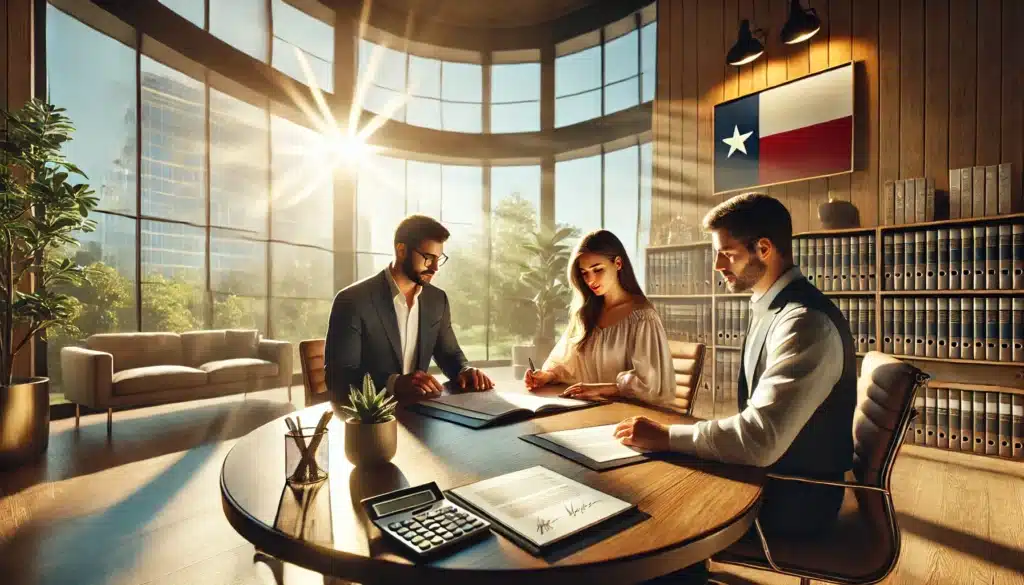 A wide-angle, photo-realistic, cinematic illustration showing the concept of spousal support provisions in a prenuptial agreement. The image depicts a modern office setting on a sunny summer day, with warm sunlight streaming through large windows. A couple sits with an attorney at a polished table, reviewing documents focused on spousal support. The atmosphere is calm and professional, with subtle Texas-themed decor like a Texas flag and small details suggesting financial planning (calculator, documents, pens). The couple is dressed in light, summer business-casual attire, reflecting a serious but amicable mood. The scene captures an inviting summer vibe, blending professionalism and personal care in a cinematic style.