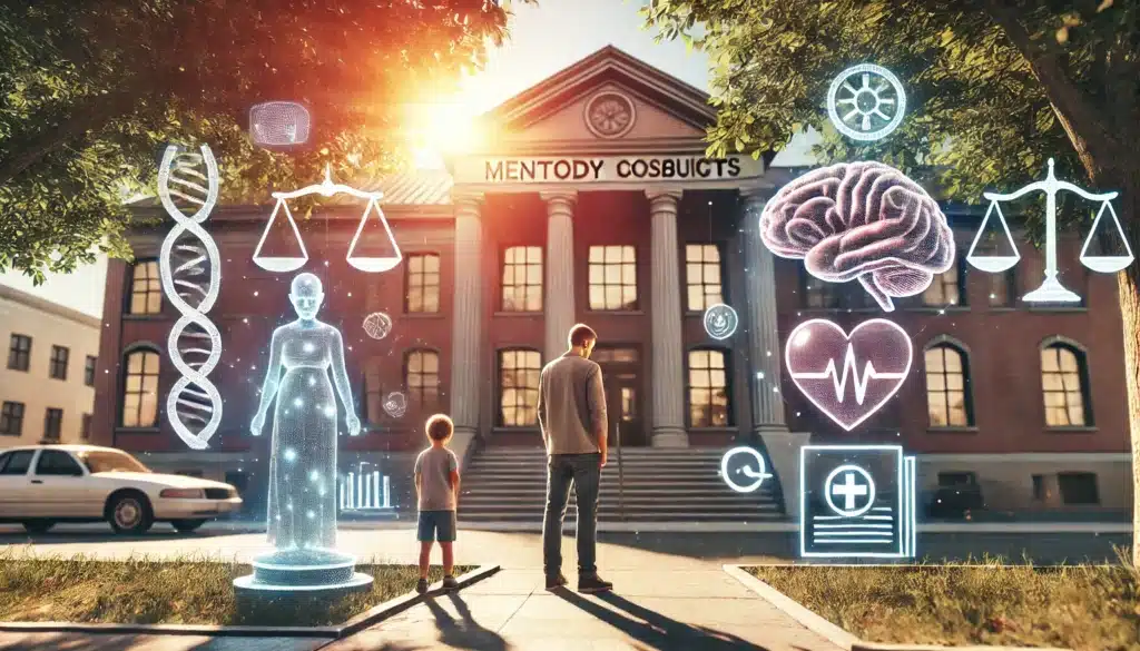 A cinematic, wide-angle, photo-realistic image illustrating mental health concerns in custody disputes. The scene is set outside a courthouse on a bright summer day. A parent and child stand together, while legal documents and mental health symbols, such as a brain and heart, are subtly included in the background to symbolize the emotional and psychological factors in custody disputes. Sunlight filters through trees, creating a warm and hopeful atmosphere, reflecting both the challenges and the importance of mental health in custody cases.