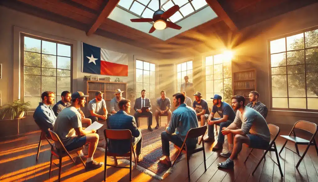 A wide-angle, photo-realistic, cinematic image with summer vibes. The scene depicts a group of fathers gathered in a casual, well-lit room with large windows that let in warm summer sunlight. The men are seated in a circle, actively engaged in conversation, creating an atmosphere of support and camaraderie. Some fathers hold legal documents, while others listen attentively. The room features simple yet welcoming decor, with a Texas flag subtly placed in the background to indicate the setting. The overall mood is positive and hopeful, emphasizing the importance of community and legal support for fathers.