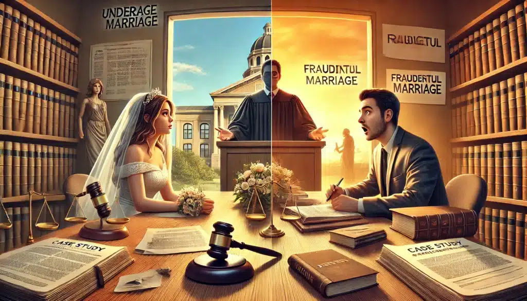 A wide-angle, photo-realistic, cinematic illustration set in a warm summer atmosphere. The image depicts a case study illustration showcasing two scenarios: on one side, an underage marriage scene where a young bride or groom appears uncertain while a judge reviews legal documents; on the other side, a fraudulent marriage scenario where one spouse looks shocked upon discovering hidden documents about deception. The background features a Texas courthouse, legal books, and a gavel, emphasizing the legal complexities. The scene conveys the seriousness of underage and fraudulent marriages through an engaging and realistic visual representation.