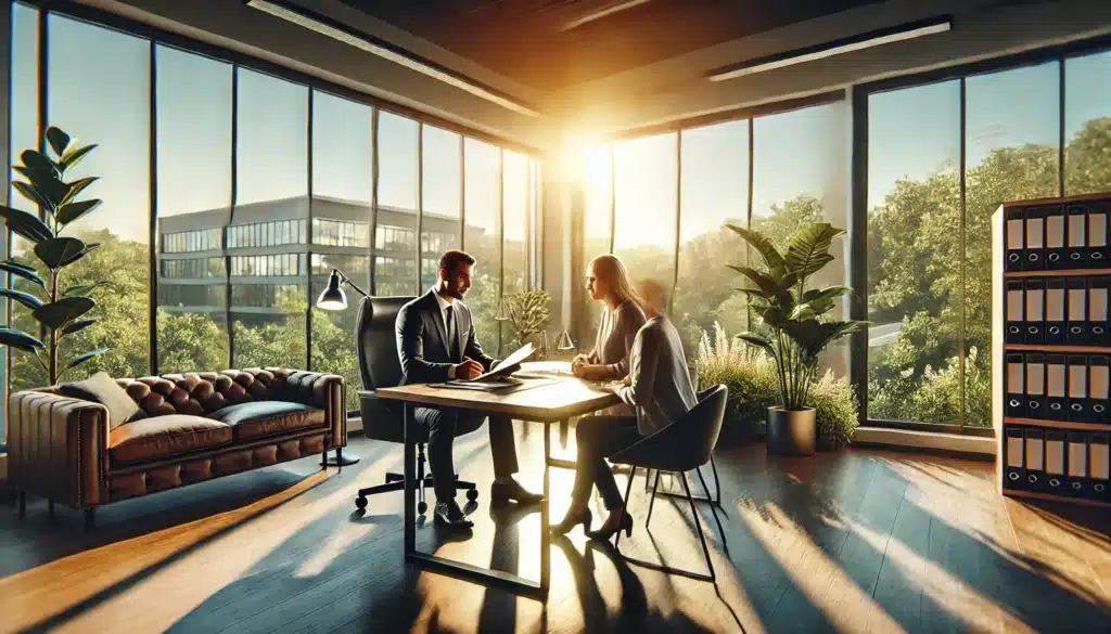 A wide-angle, photo-realistic, cinematic image of a professional setting illustrating the importance of legal support in divorce cases. The scene takes place in a modern, well-lit law office on a bright summer day. Two people, a man and a woman, are seated on one side of a large desk, while a professional lawyer sits on the other side, calmly reviewing documents with them. Sunlight streams through large windows, casting a warm glow on the office, while outside, greenery and a clear blue sky add to the peaceful atmosphere. The lawyer is dressed professionally, exuding confidence and guidance. The overall mood is calm, supportive, and professional, reflecting the importance of legal support in navigating a divorce. Summer vibes are present through the lighting and background scenery.