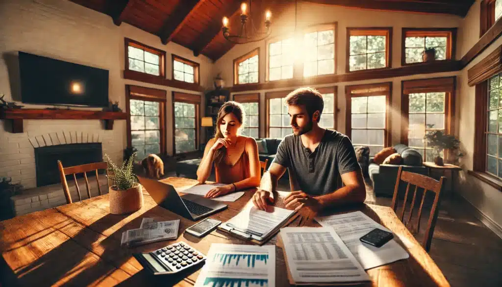 A wide-angle, photo-realistic cinematic image with summer vibes, depicting a couple in a Texas home discussing financial responsibilities in a cohabitation agreement. They are sitting at a wooden dining table with documents spread out, calculators, and a laptop open. The warm sunlight streams through large windows, creating a relaxed but serious atmosphere. The man looks focused while the woman takes notes, both appearing engaged in an important discussion. A dog rests nearby, adding a sense of homey comfort. The setting emphasizes responsibility, planning, and financial security in a cohabitation agreement.