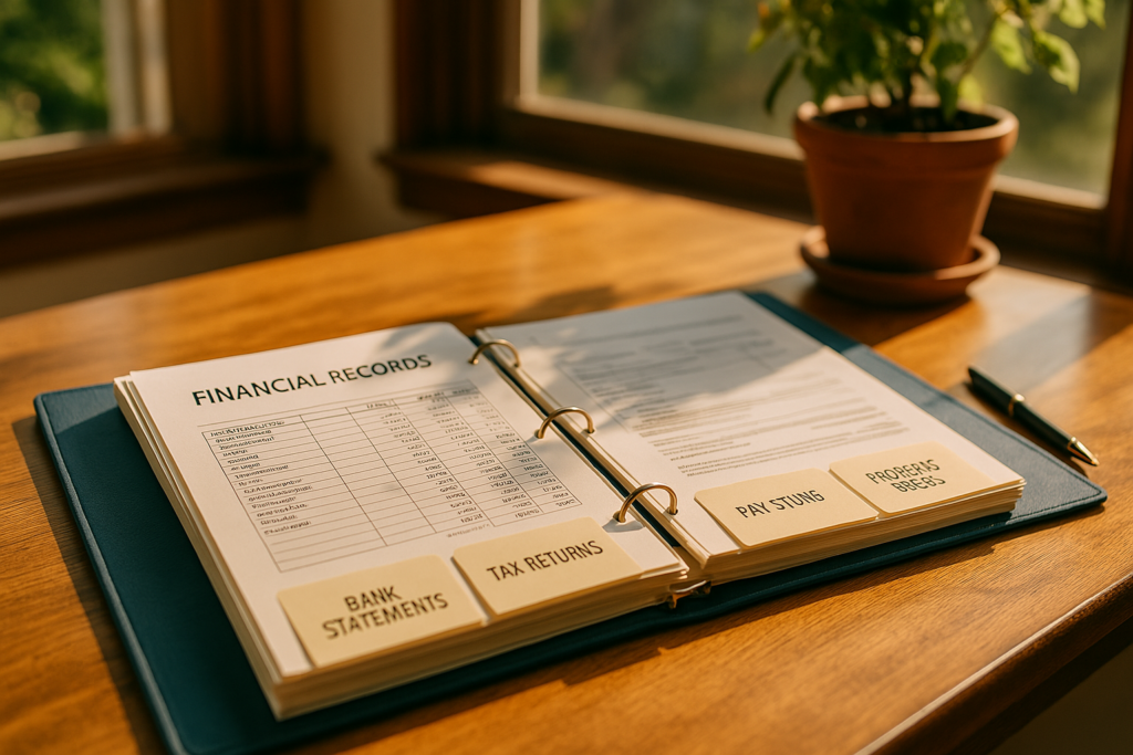 Financial records organized in a family law binder.