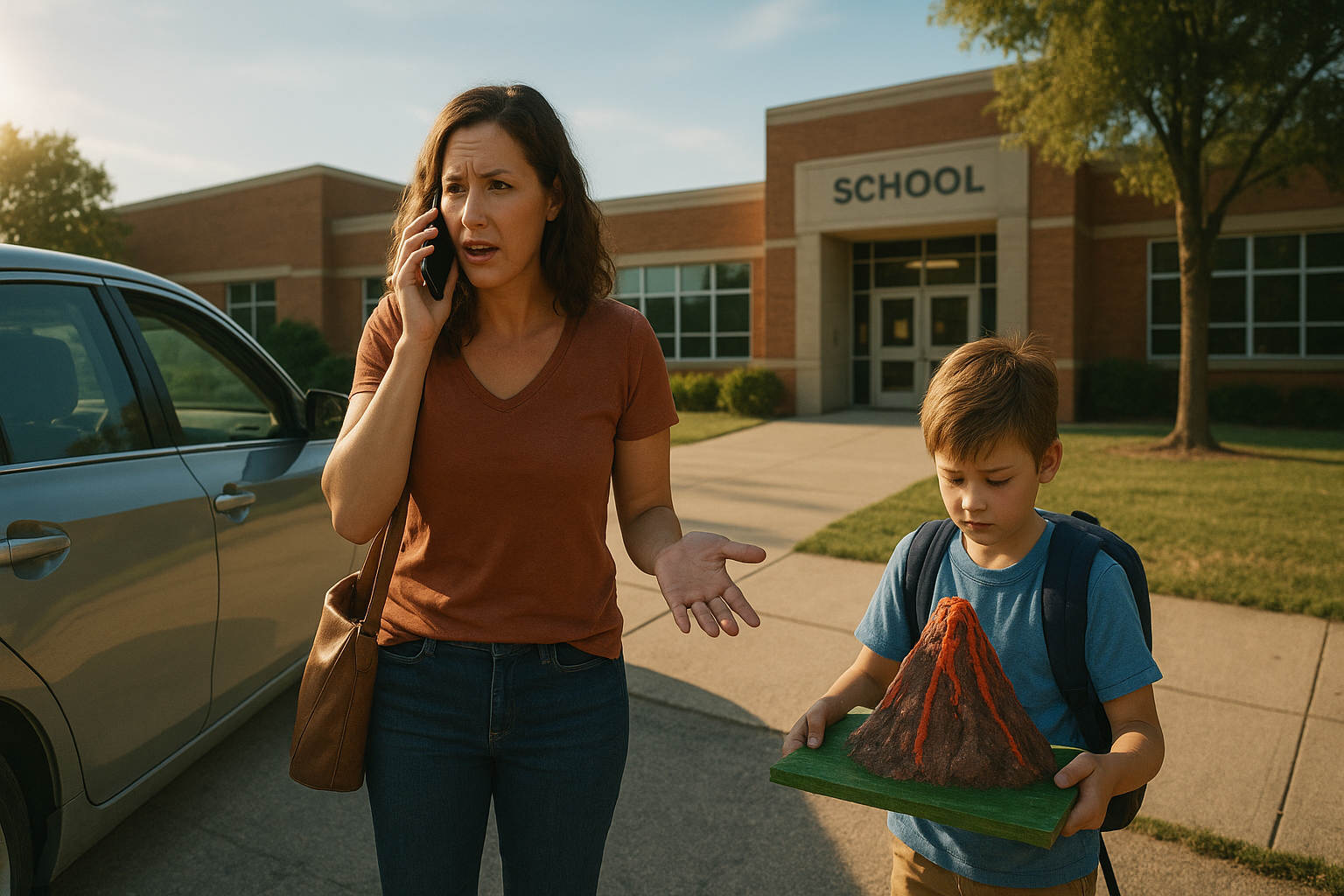 Mother talking on the phone outside a school while her son holds a homemade volcano project, capturing the chaos of parenting during a custody battle.