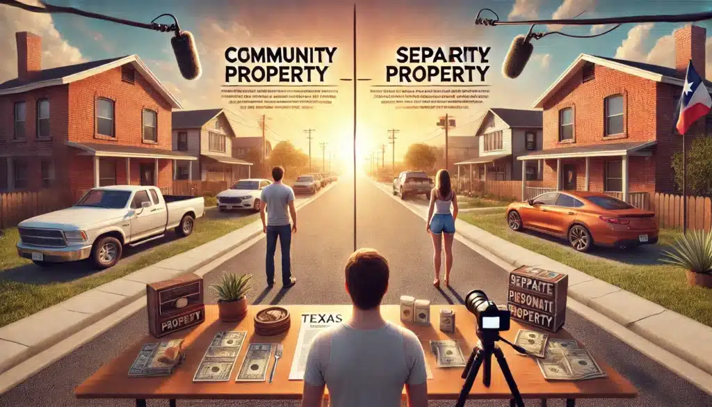 A wide-angle, photo-realistic, cinematic image with summer vibes, visually comparing separate property and community property in a Texas divorce. The scene shows two sides: on the left, a couple with assets like a house and business, labeled 'Community Property'; on the right, one spouse standing with personal items like a car and inheritance, labeled 'Separate Property.' A dividing line or legal document separates the two sides. The background shows a sunny Texas landscape, with clear skies and warm light. The image conveys fairness and clarity in the division of assets, highlighting the differences between community and separate property. No cameras or equipment are visible.