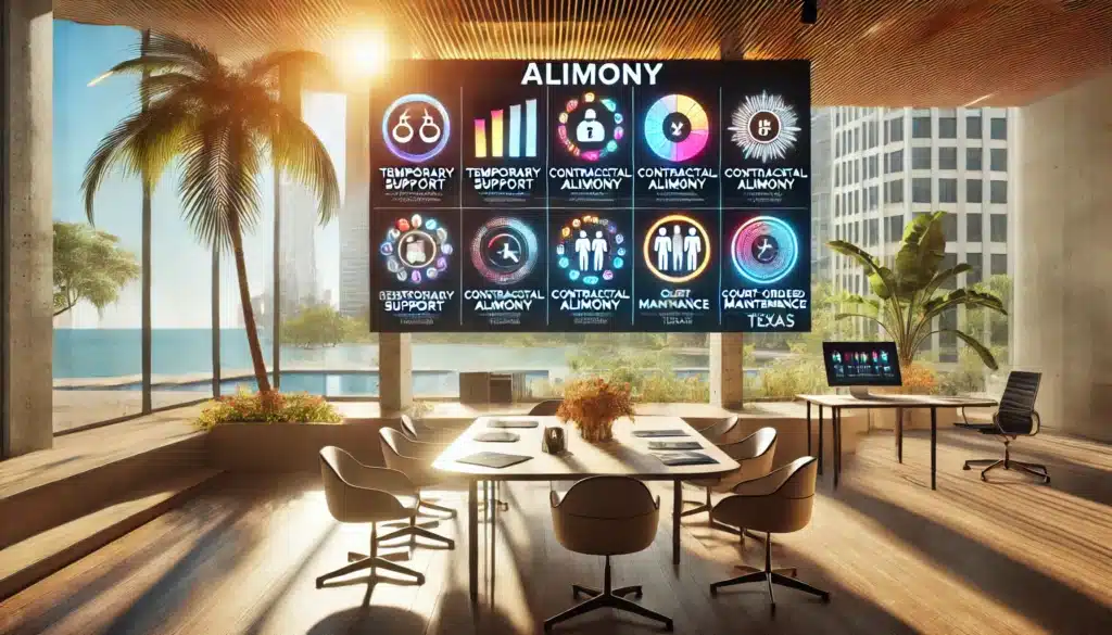 A wide-angle, photo-realistic, cinematic image with summer vibes, showcasing an infographic representation of different types of alimony available in Texas. The scene features a modern workspace with a large digital screen or board displaying colorful icons representing various alimony types, such as temporary support, contractual alimony, and court-ordered maintenance. Each icon is accompanied by brief, clear labels, and the workspace is illuminated by natural sunlight pouring through large windows, creating a vibrant and professional atmosphere.