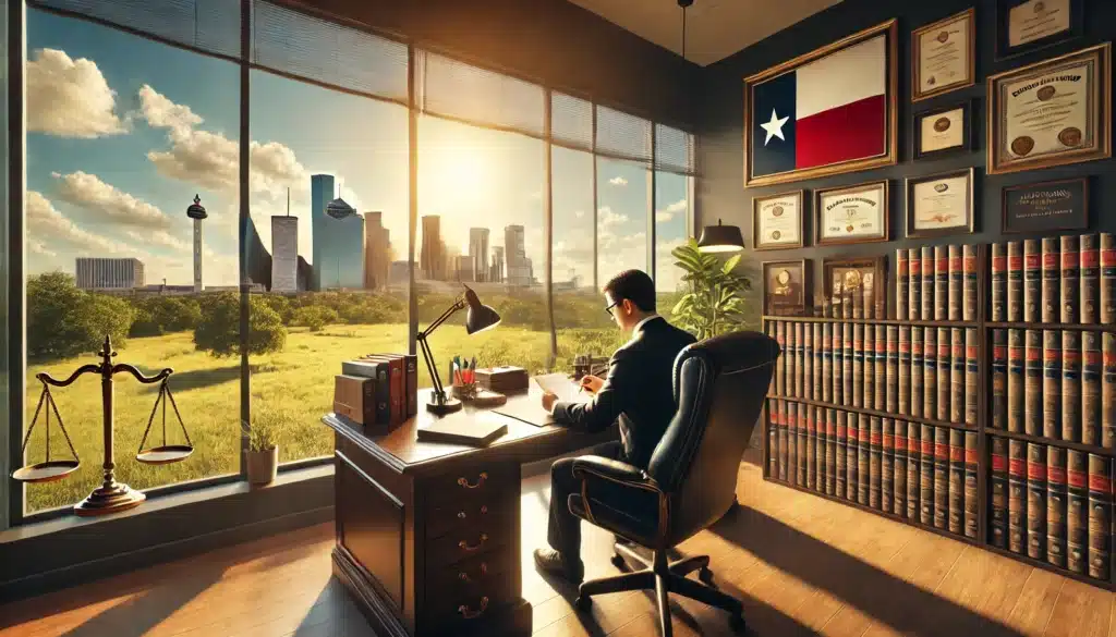 A cinematic, wide-angle, photo-realistic image depicting a professional alimony attorney in Sugar Land, TX, sitting at a polished wooden desk in a sunlit office. The setting includes legal books, Texas-themed decor, and certificates on the wall, emphasizing expertise. Through the window, a summer scene of Sugar Land’s skyline is visible, with greenery and bright blue skies, creating a warm and inviting atmosphere. The attorney is focused, reviewing documents, symbolizing their critical role in navigating complex legal matters.