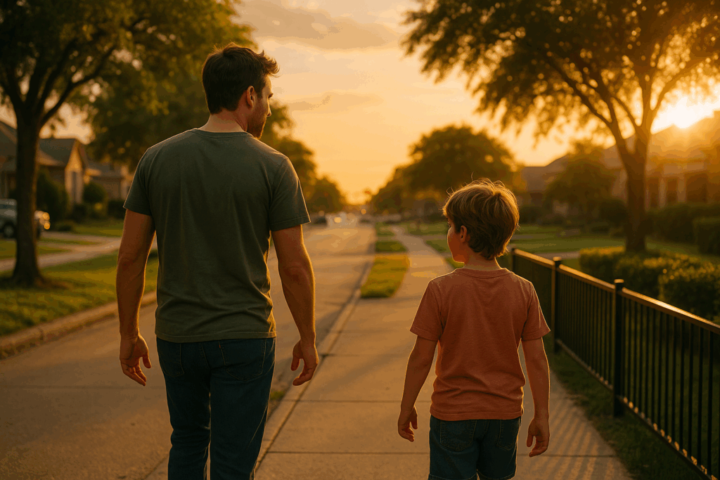 Father and son walking together through a Texas neighborhood at sunset, symbolizing family change and stability after divorce.