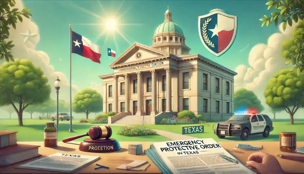Texas courthouse with Emergency Protective Order document, gavel, law books, and police vehicle, symbolizing legal protection against family violence.