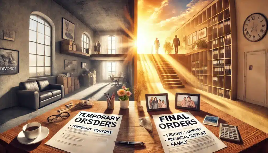 A wide-angle, photo-realistic, cinematic image symbolizing the differences between temporary and final orders in a Texas divorce. The image features a split scene with contrasting elements: on one side, a temporary, transitional space showing urgent, short-term items like documents labeled 'temporary custody' and 'financial support' on a desk, representing immediate divorce arrangements. On the other side, a stable, organized scene shows long-term elements like a finalized contract or family photo, symbolizing final orders. Sunlight filters through a window, adding a warm, summer vibe to the contrasting atmospheres.