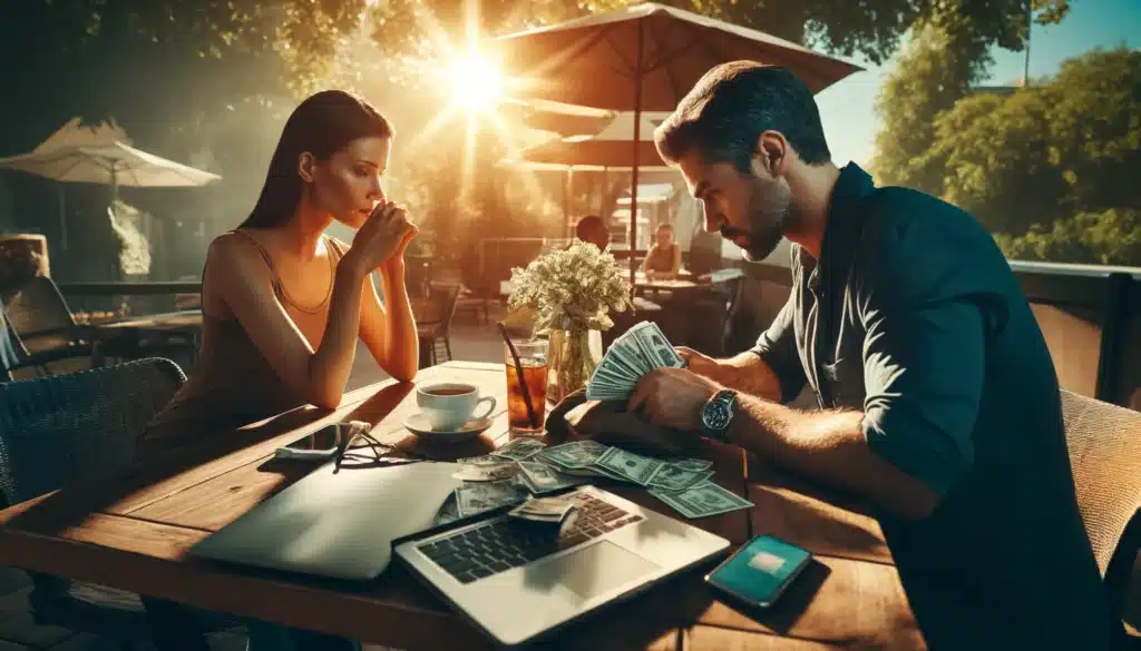 A wide-angle, photo-realistic, cinematic summer scene depicting a tense moment between a divorcing couple at an outdoor café. The spouse on one side is discreetly sliding a stack of cash into a bag, while the other looks suspicious. A laptop with financial records, hidden bank statements, and a phone with suspicious transactions are on the table. The atmosphere is warm and sunny, but the tension between them is evident. Sunlight filters through trees, casting a golden glow over the scene.