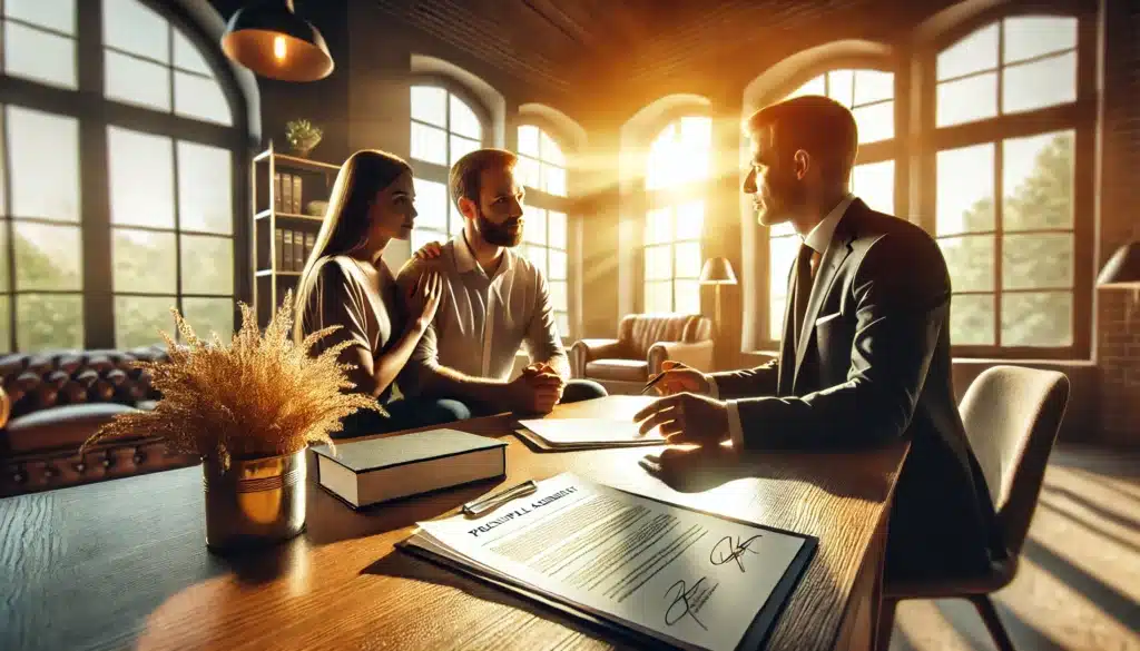 A wide-angle, photo-realistic, cinematic image with summer vibes capturing a professional scene of a couple consulting a lawyer about prenuptial agreements. The setting is a well-lit, sophisticated office with large windows letting in warm sunlight. The lawyer sits across from the couple, explaining documents on the table that resemble a prenuptial agreement. The scene conveys a warm, professional, and inviting atmosphere, reflecting the importance of legal representation in prenuptial agreements.