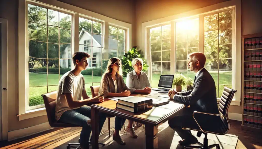 A photo-realistic, cinematic wide-angle image capturing a family law attorney discussing legal matters with a family seated at a desk in a professional office. The scene exudes summer vibes with warm natural light streaming through large windows, soft greenery visible outside. The attorney is professional and approachable, with documents and a laptop on the desk. The family, including parents and a teenage child, looks engaged and calm, creating a reassuring atmosphere. The setting is clean, organized, and modern, reflecting a Texas-style legal office.
