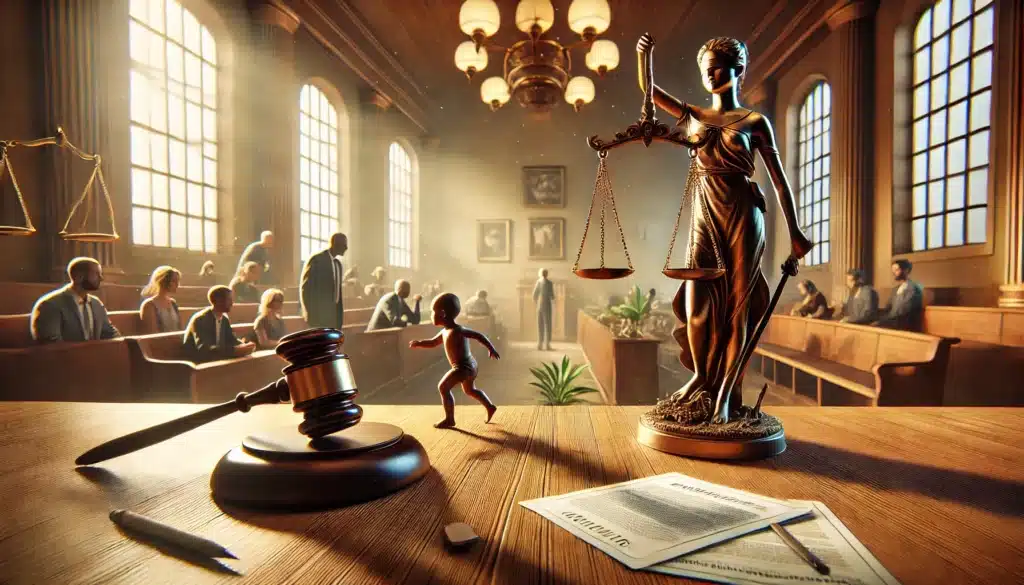 A wide-angle, photo-realistic, cinematic illustration representing the legal grounds for termination of parental rights. The scene shows symbolic elements such as a gavel in motion, scales of justice balancing on one side with a child and on the other with legal documents and court papers. In the background, a family courtroom setting, with warm, natural summer lighting and subtle textures, gives the image a cinematic feel. The atmosphere reflects the seriousness of the legal proceedings but retains summer vibes with soft shadows and bright, natural light.