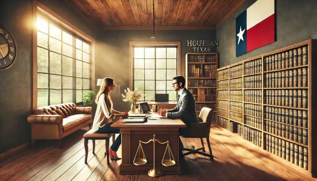 A wide-angle, photo-realistic, cinematic summer scene showing a legal consultation with contested divorce attorneys in Huffman, Texas. The setting is a modern, professional law office with a welcoming ambiance, featuring a polished wooden desk, open legal documents, and a laptop. The attorneys are engaged, providing expert advice to a client who looks attentive and reassured. Sunlight streams through large windows, illuminating the room with a warm, natural summer glow. The background features bookshelves lined with legal books and subtle Texas-themed decor, creating an authentic and inviting atmosphere.