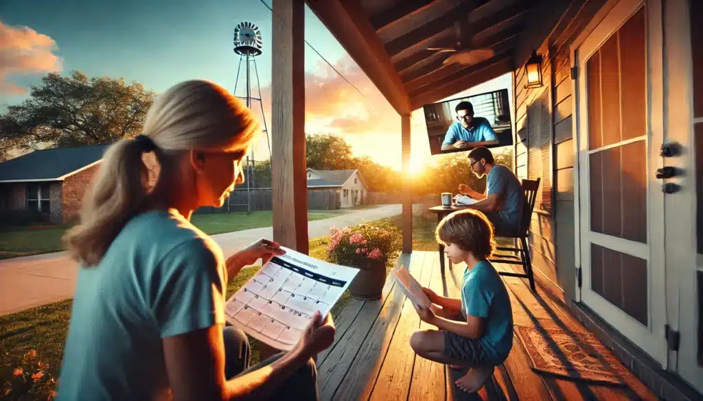 A wide-angle, photo-realistic cinematic image with summer vibes. A Texas home with a warm sunset glow, where a temporary caregiver and a child sit on the porch, reviewing a calendar and legal documents outlining the duration and responsibilities of temporary authorization for custody. The child looks reassured as the caregiver gently explains the situation. In the background, a parent is seen on a video call, symbolizing continued involvement. The atmosphere is calm and nurturing, emphasizing stability and care.