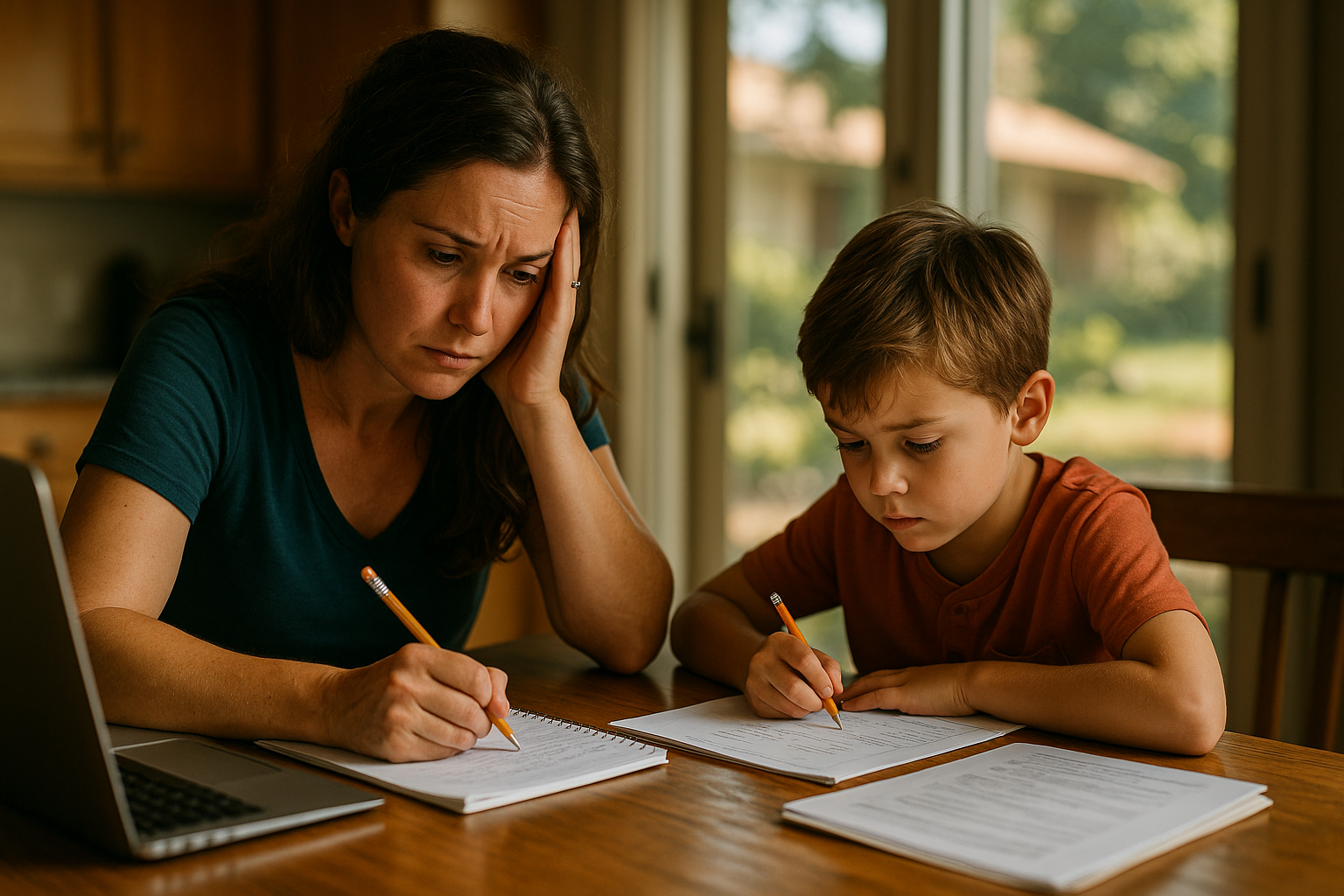 Mother and young son doing homework together at a kitchen table during a divorce, illustrating the emotional toll and focus on academics.