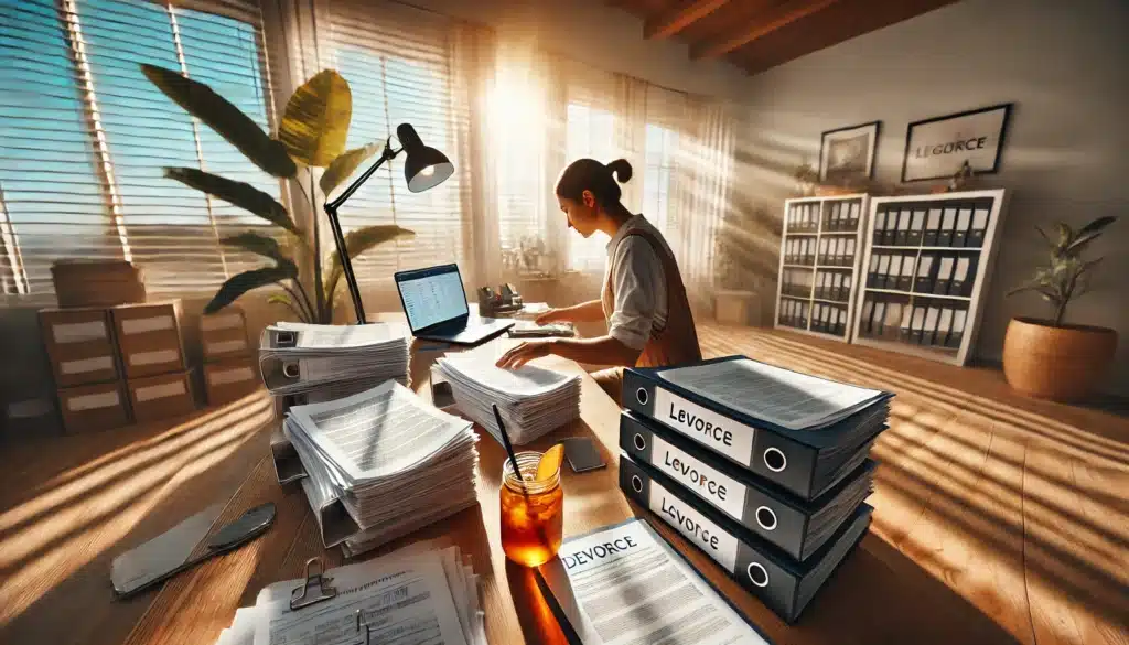 A wide-angle, photo-realistic, cinematic image with summer vibes showing a person organizing legal documents as practical advice for preparing for divorce. The individual is seated at a well-lit desk, carefully sorting through neatly stacked papers, with labeled folders, a laptop open to a legal resources website, and a cup of iced tea nearby. The room is filled with natural sunlight, creating a calm yet focused atmosphere reflecting determination and preparation.