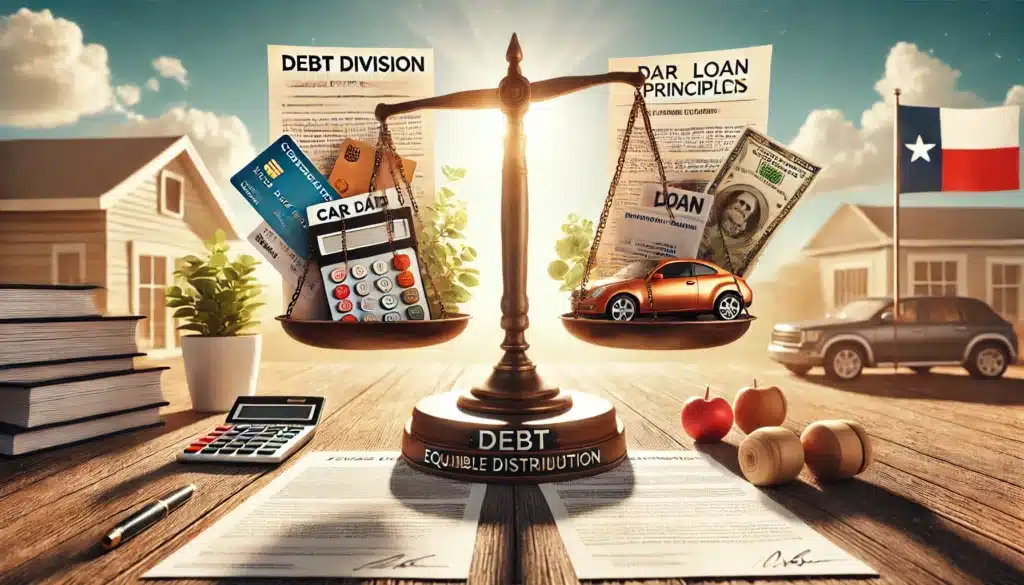 A wide-angle, cinematic, photo-realistic image with summer vibes, visually representing debt division principles in Texas divorces. The scene shows a balanced scale, with one side containing credit card statements, a car loan document, and a mortgage contract, while the other side holds symbols of financial obligations, such as bills and loan agreements. The background features a bright, sunny Texas landscape, evoking a sense of fairness and balance in equitable distribution. The overall tone is informative, reflecting the process of dividing debts fairly during a divorce.