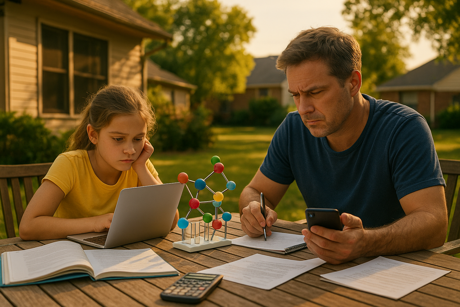 Father and daughter working on a science project at an outdoor table, symbolizing shared parenting after custody modification in Texas