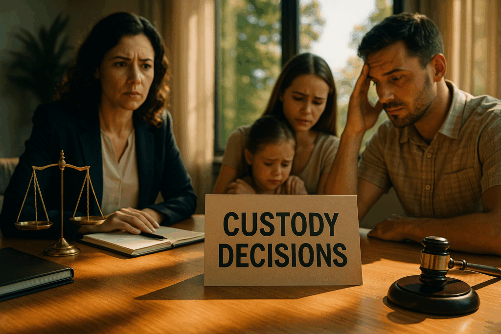 An image depicting various factors influencing custody decisions, including parental rights and child's welfare.