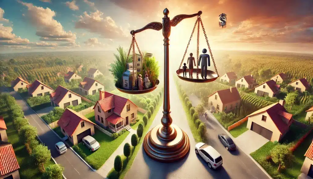 A wide-angle, photo-realistic, cinematic image depicting the concept of 'Just and Right Division' during property division in a divorce. The image shows a symbolic scale balancing assets like a house, car, and bank accounts on one side, and a person's financial needs, children, and support on the other. The setting has a warm summer vibe, with soft sunlight casting a glow over the scene, and lush greenery in the background. The overall atmosphere conveys fairness, balance, and the careful consideration involved in the division of property.