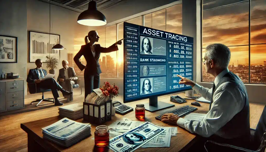 A cinematic, wide-angle, photo-realistic image depicting the importance of asset tracing in a Texas divorce. A forensic accountant is analyzing financial documents, bank statements, and digital records on a large monitor in a modern office setting. In the background, a concerned spouse watches as an attorney explains findings, pointing at highlighted transactions on the screen. The scene has a dramatic summer sunset view outside the window, adding warmth and depth to the high-stakes financial investigation. The atmosphere is intense, emphasizing the importance of uncovering hidden assets.