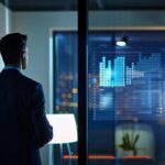 a sleek, modern office space featuring a professional consultant explaining a detailed chart of texas spousal support calculations on a glass screen, illuminated by soft, focused lighting.