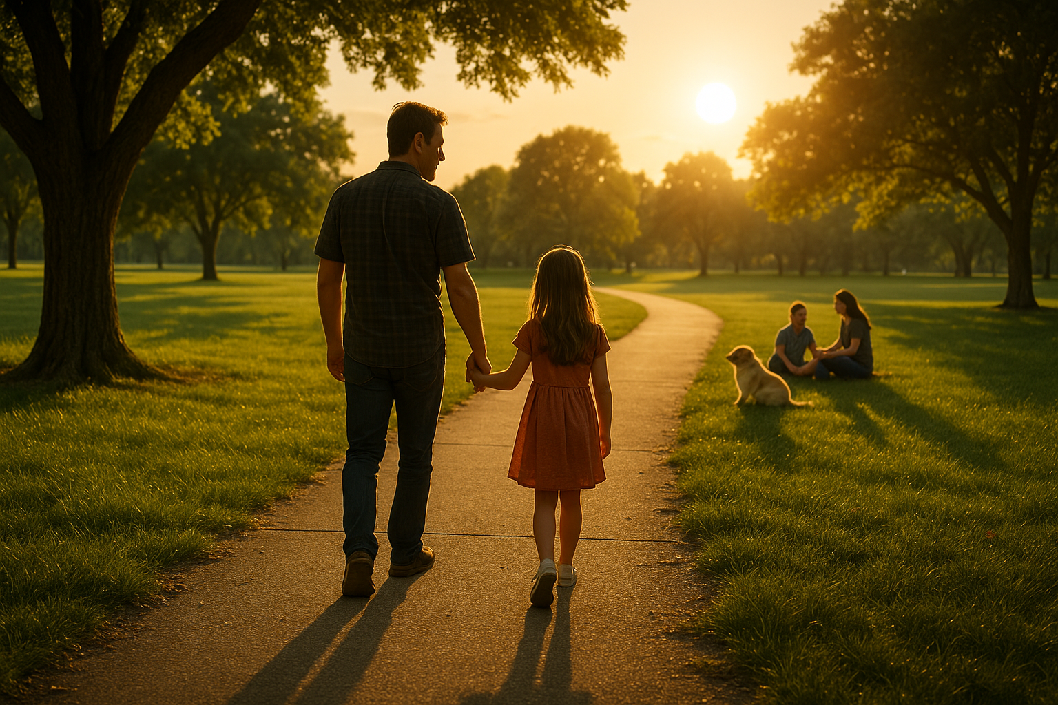 Father holding daughter’s hand walking through a sunlit park path, with family and dog in the background during summer