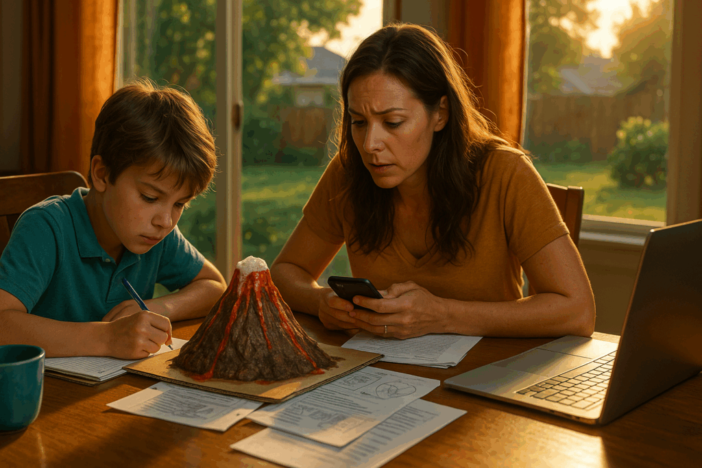 Mother and son working late on a volcano science project at home during summer while navigating co-parenting and divorce stress