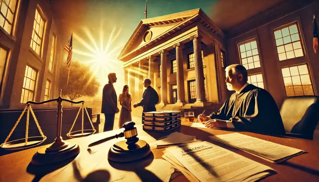 A wide-angle, photo-realistic cinematic image depicting a Texas family courthouse during a summer afternoon. The scene exudes summer vibes with golden sunlight casting long shadows on the courthouse steps. Inside, a tense legal proceeding unfolds, with a judge signing an emergency court order while two parents, one visibly distressed and the other determined, stand before the bench. The atmosphere is serious yet hopeful, symbolizing legal alternatives to resolve custody disputes. Legal documents, a gavel, and scales of justice are prominently displayed, emphasizing the importance of due process in child custody cases.