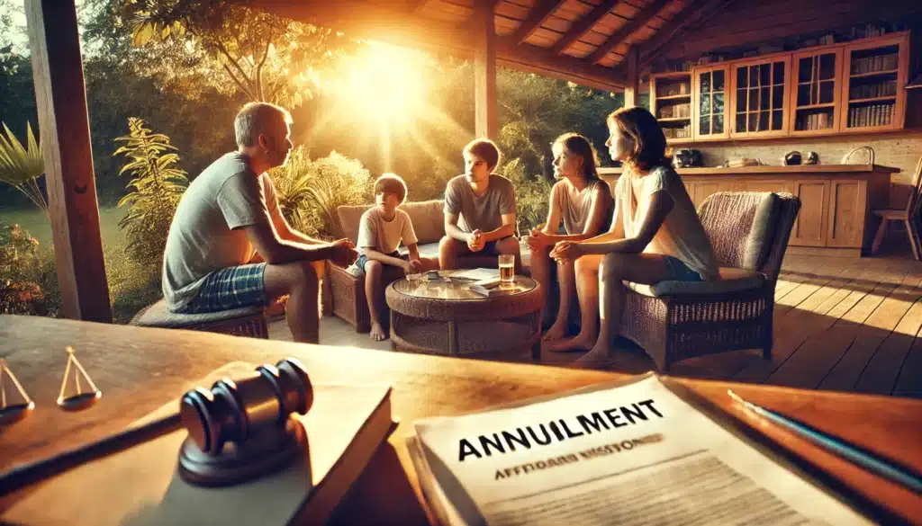 A wide-angle, photo-realistic, cinematic image with summer vibes depicting the emotional and legal impact of annulment on families. The scene features a family sitting together on a porch or patio, visibly discussing something serious but supportive. Legal documents are placed on a table nearby, symbolizing the annulment process. The warm, golden sunlight of summer highlights the scene, creating a reflective yet hopeful atmosphere. The environment includes lush greenery and a peaceful outdoor setting to balance the emotional tone.