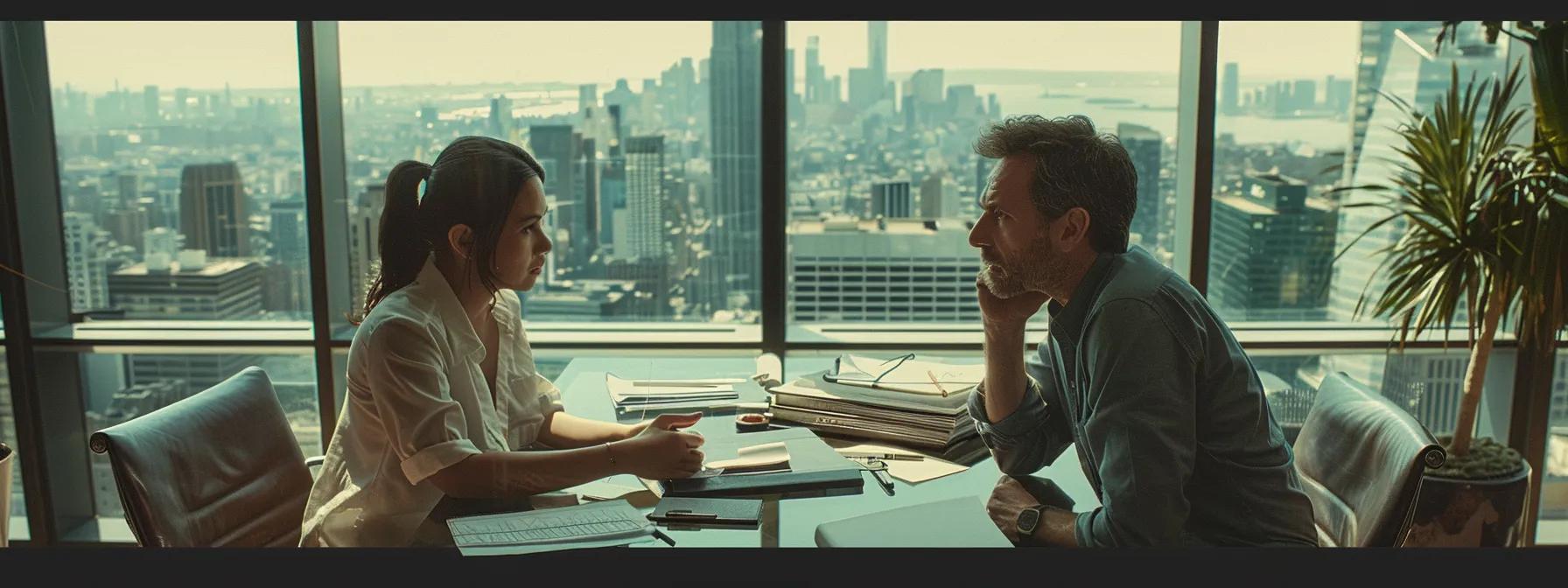 a focused parent sits at a sleek conference table in a modern office, surrounded by organized files and legal documents, intently discussing strategies with a family law attorney against a backdrop of a city skyline visible through large windows.