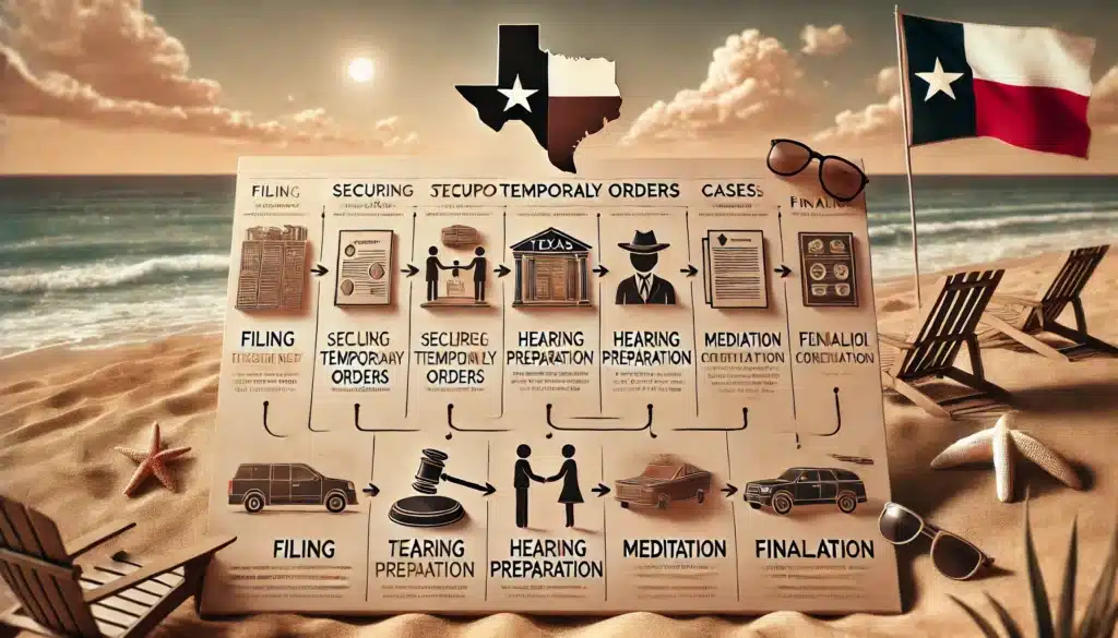 A wide-angle, photo-realistic, cinematic timeline illustrating the process for securing temporary orders in Texas divorce cases. The timeline has a clean, professional layout, with distinct steps covering filing, hearing preparation, mediation, and finalization. The background evokes summer vibes with warm, inviting tones and subtle Texas symbols, like a small Texas flag or state outline, giving the image a professional yet approachable look. The details are easy to follow, visually engaging, and set in an organized manner.