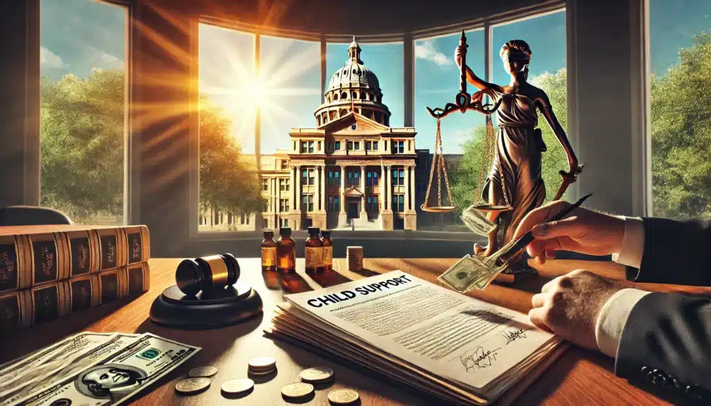 A cinematic, photo-realistic wide-angle image symbolizing the reasons for mandatory child support payments through the state. The image features a symbolic courtroom scene with legal documents on child support, scales of justice, and a flow of money being managed by a government official. In the background, a serene summer scene with a Texas courthouse bathed in warm sunlight is visible through large windows. The image conveys a sense of responsibility, order, and legal enforcement while maintaining a calm, bright summer atmosphere.