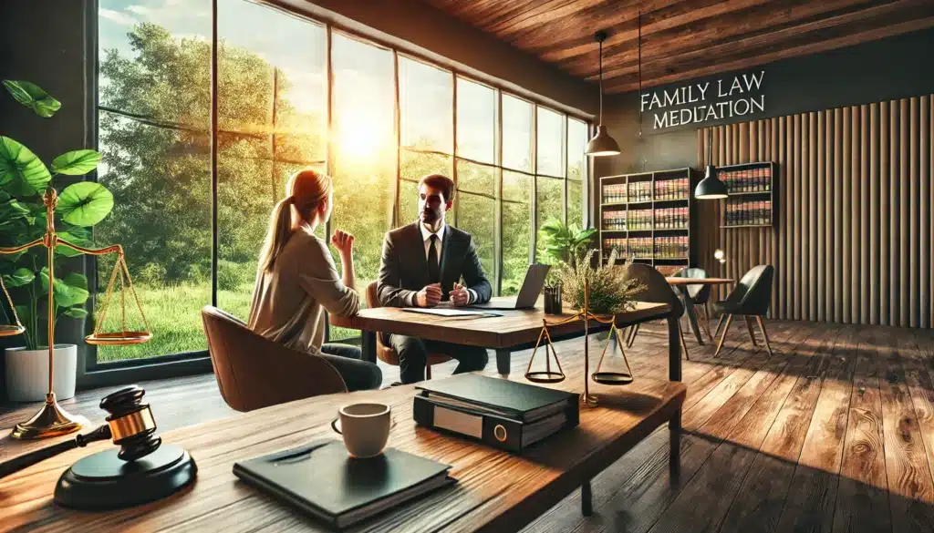 A cinematic, wide-angle, photo-realistic summer scene showing a professional office environment in Humble, Texas. The space features a large wooden desk with legal documents, a laptop, and a cup of coffee. A family law mediation attorney is seated, attentively discussing options with a client who looks engaged and optimistic. The background includes large windows revealing a sunny, green outdoor landscape, with a warm, inviting atmosphere. The scene conveys trust, expertise, and the importance of selecting the right attorney.