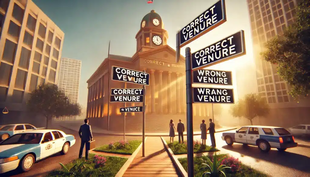 A wide-angle, photo-realistic, cinematic image with summer vibes illustrating the importance of ensuring correct jurisdiction and venue in family law. The scene features a Texas courthouse bathed in warm sunlight, with a large signpost in the foreground displaying multiple legal pathways—one labeled 'Correct Venue' leading to a smooth path toward the courthouse, and another labeled 'Wrong Venue' leading to confusion and dead ends. A family and a lawyer stand at the crossroads, carefully deciding the right path. The image conveys the critical decision-making process in legal matters.