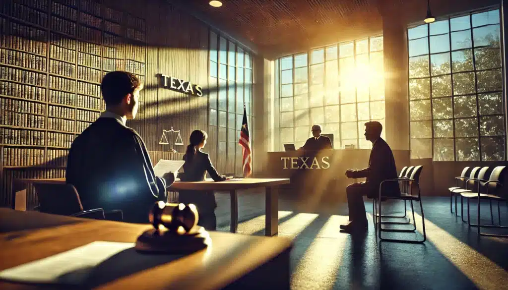 A cinematic, photo-realistic wide-angle image artistically representing the legal grounds for terminating parental rights in Texas. The scene is set in a modern courtroom bathed in warm summer light, with a judge presiding over a case. The focus is on a lawyer presenting legal documents to the judge, with the parent seated in the background looking reflective. The Texas state flag is visible, and sunlight streams through large windows, giving the scene a soft, golden glow. The atmosphere conveys both the seriousness of the legal process and the emotional weight of the decision, with a hint of summer vibes in the warmth of the light and setting.