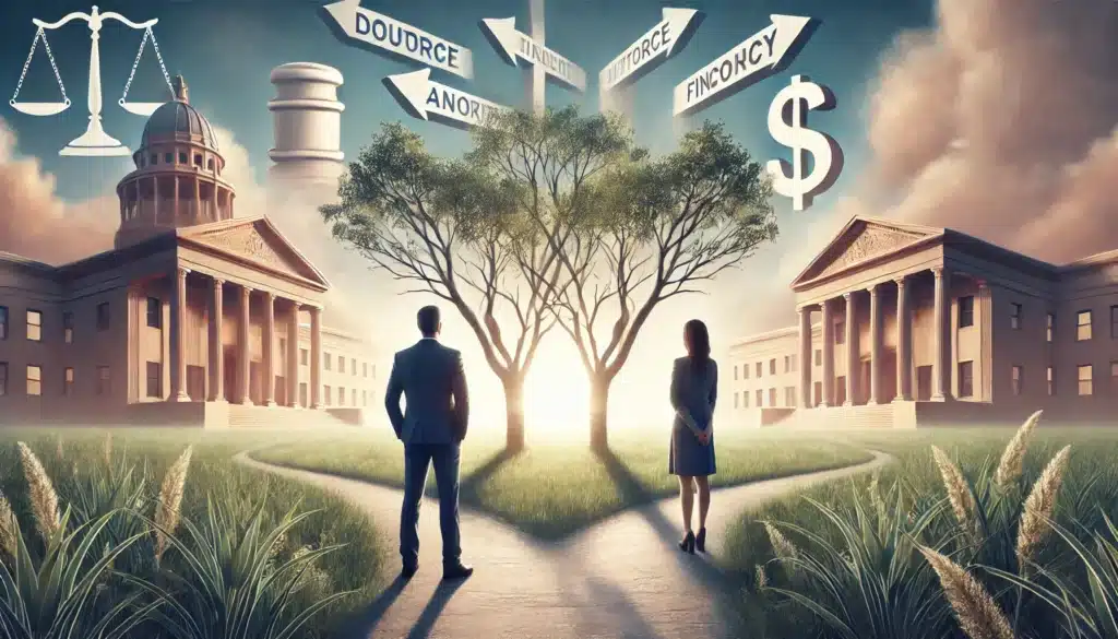 A wide-angle, photo-realistic, cinematic illustration showing a Texas couple facing symbolic elements representing common fears associated with divorce, such as anxiety and uncertainty. Set in a summer scene with soft, natural light, the couple stands on a path that branches in multiple directions, symbolizing decisions ahead. The background includes subtle visual cues like faint, cloudy shapes of courthouse steps and financial symbols in the distance, capturing a sense of contemplation and the unknown in a serene, inviting Texas landscape.