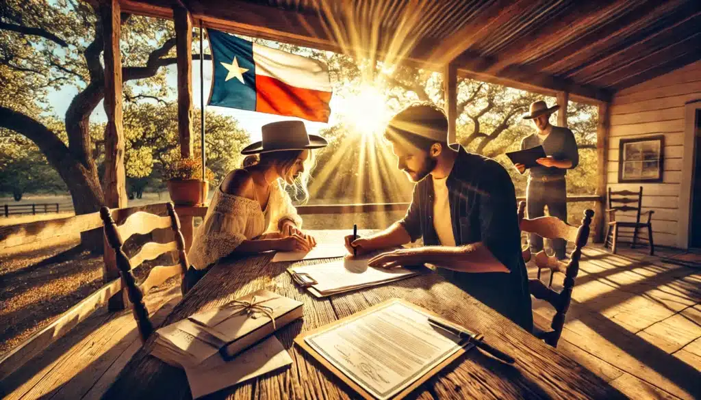 A cinematic, wide-angle, photo-realistic image depicting the process of documenting an informal marriage in Texas. The scene captures warm summer vibes with a couple sitting at a rustic wooden table on their Texas ranch porch, filling out legal documents. Sunlight filters through the trees, casting a golden glow. A notary public or legal advisor is present, guiding them through paperwork. A Texas flag waves gently in the background, symbolizing the state's recognition of informal marriage. The atmosphere is relaxed yet significant, highlighting the importance of legal documentation in common law marriage.