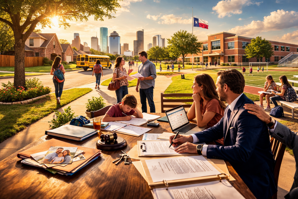 Texas family reviewing divorce paperwork while child studies at home, illustrating how Texas divorce petitions and motions affect school stability